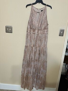 R&M Richards Rose Gold Metallic Maxi Dress
